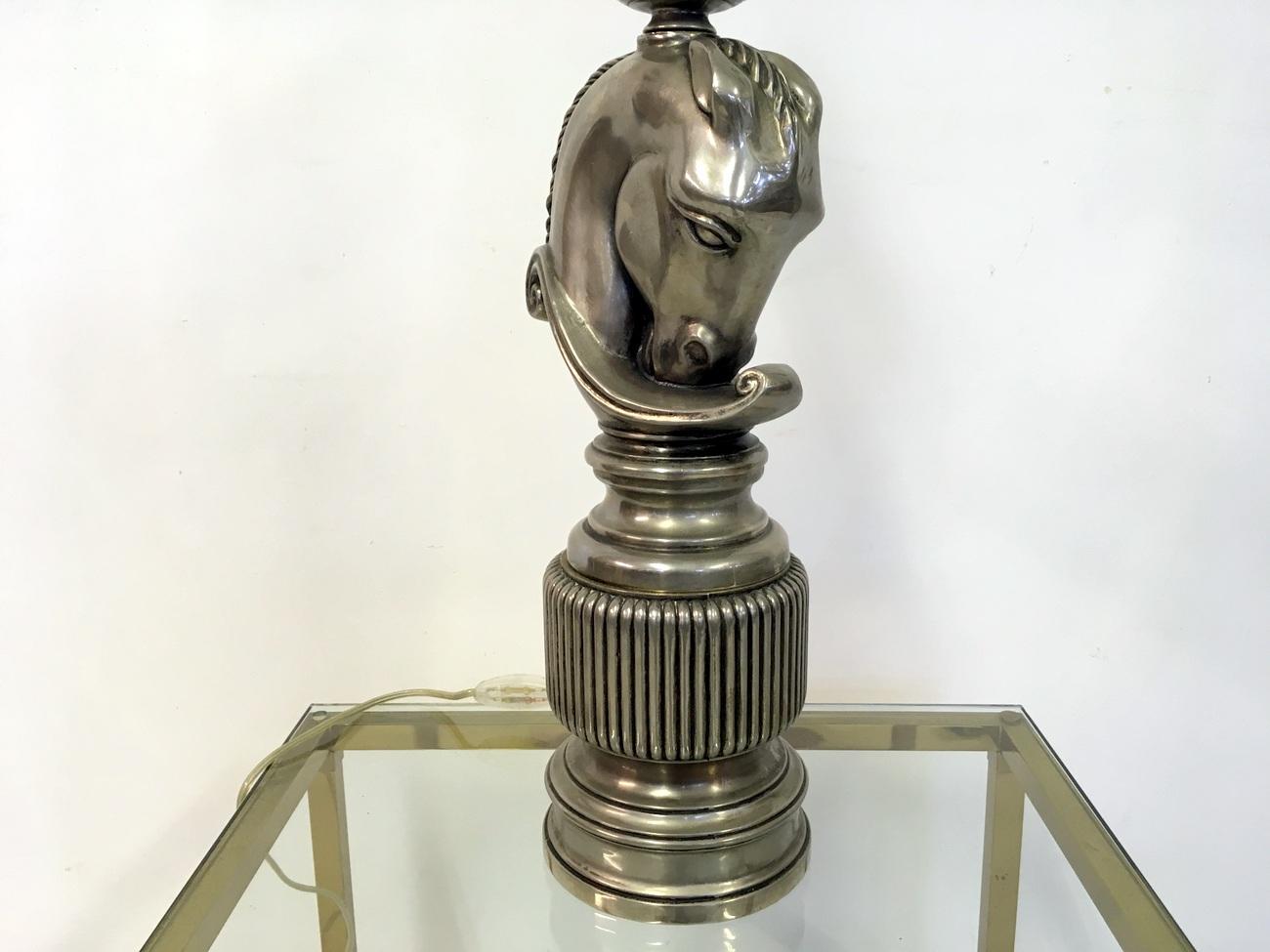 Vintage 1970s French Nickel Horse Head Table Lamp 2