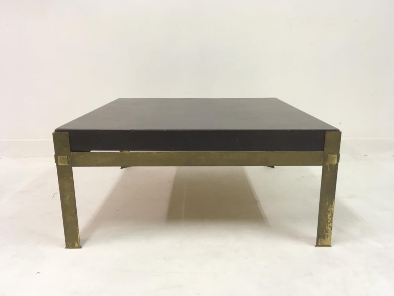 Hollywood Regency Vintage 1970s French Patinated Brass and Leather Coffee Table