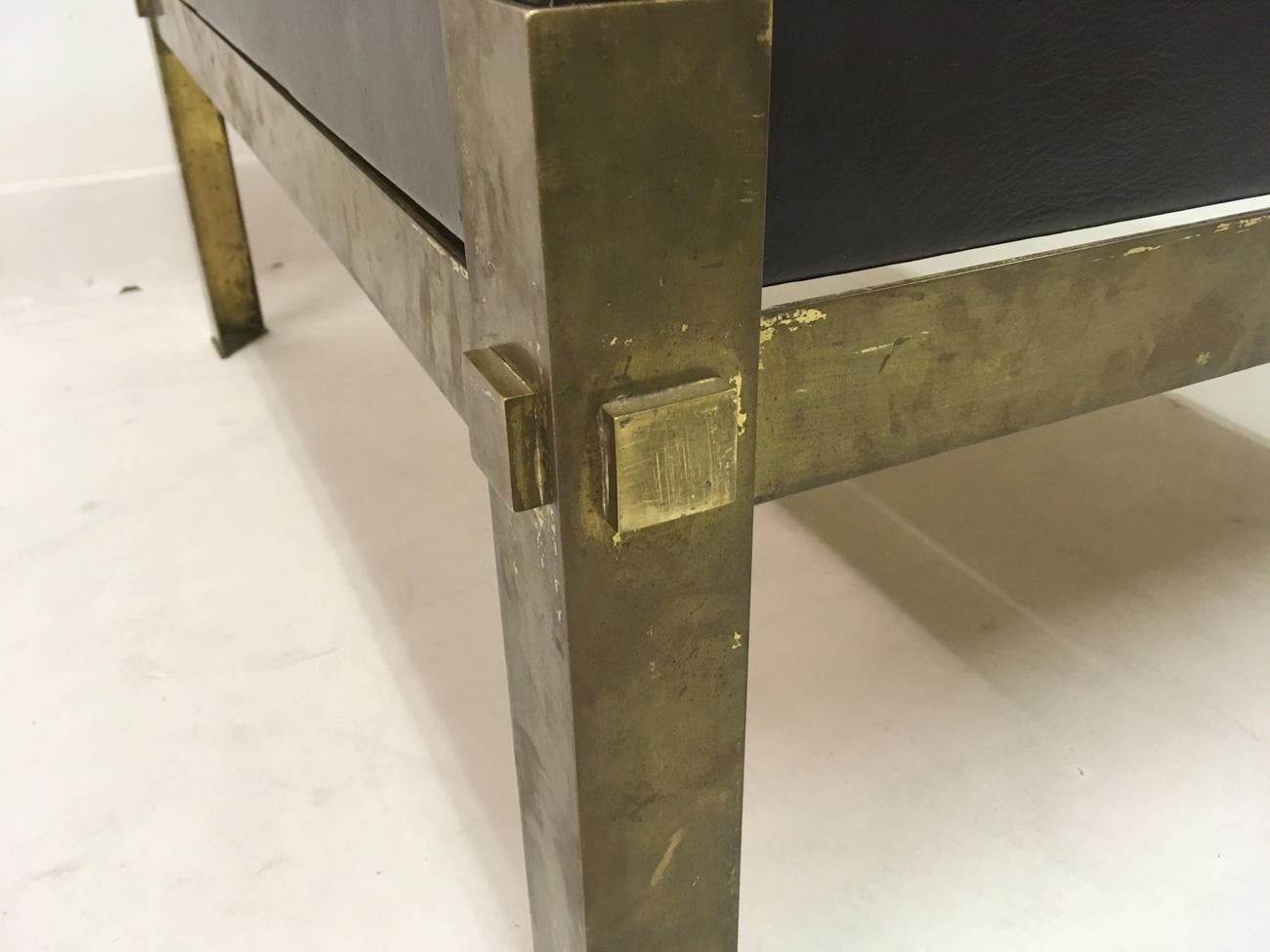 Vintage 1970s French Patinated Brass and Leather Coffee Table In Good Condition In London, London