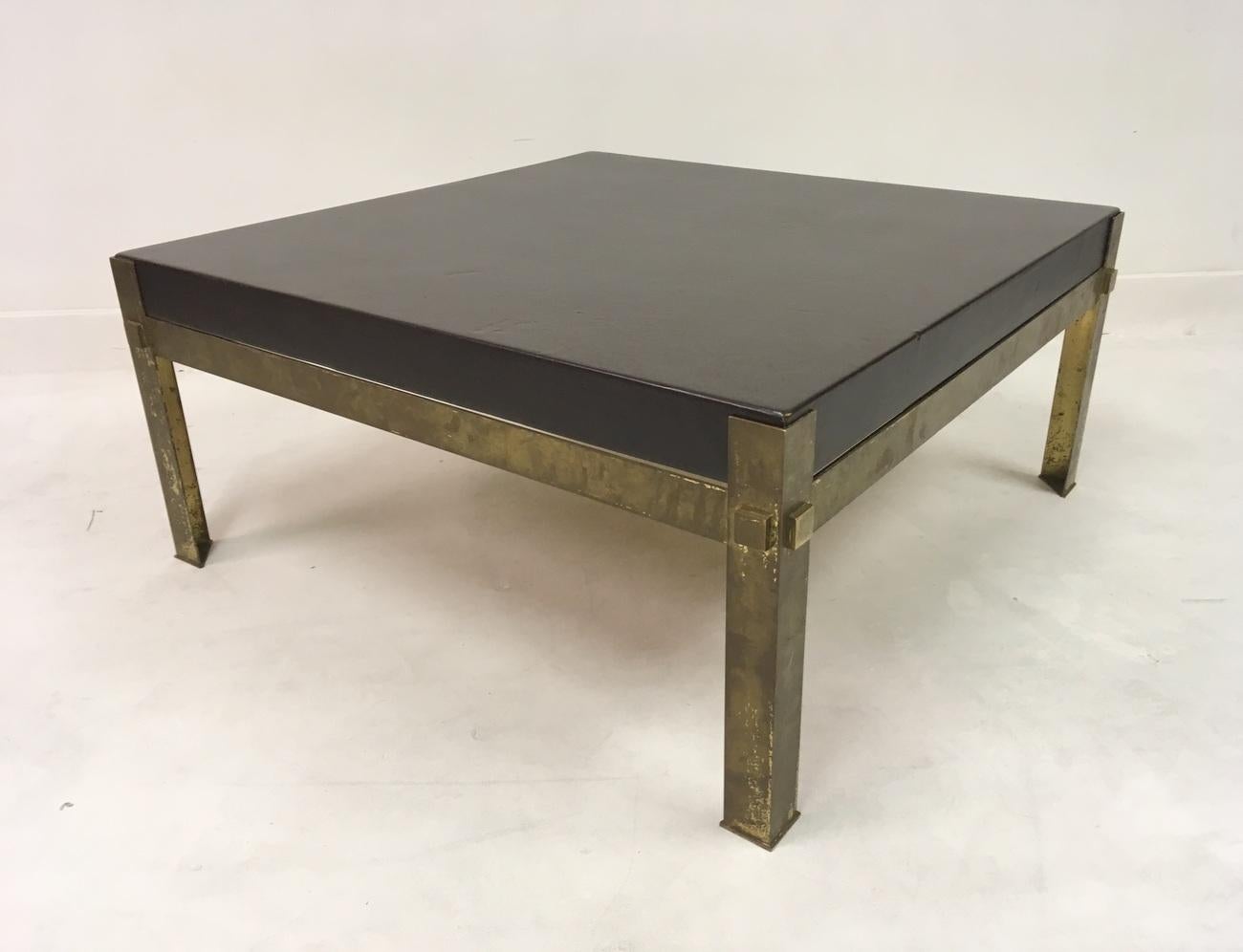 Vintage 1970s French Patinated Brass and Leather Coffee Table 1