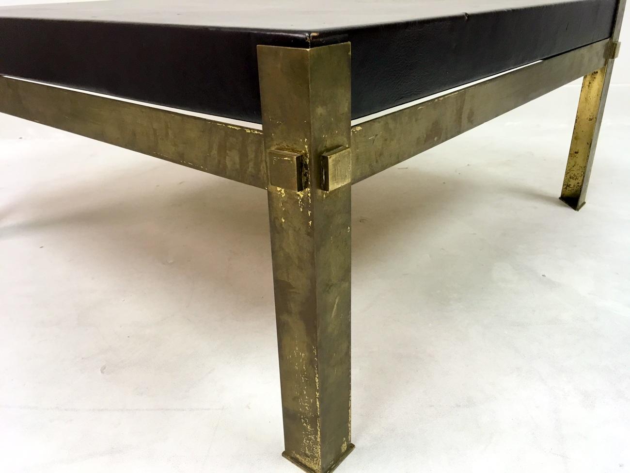 Vintage 1970s French Patinated Brass and Leather Coffee Table 2