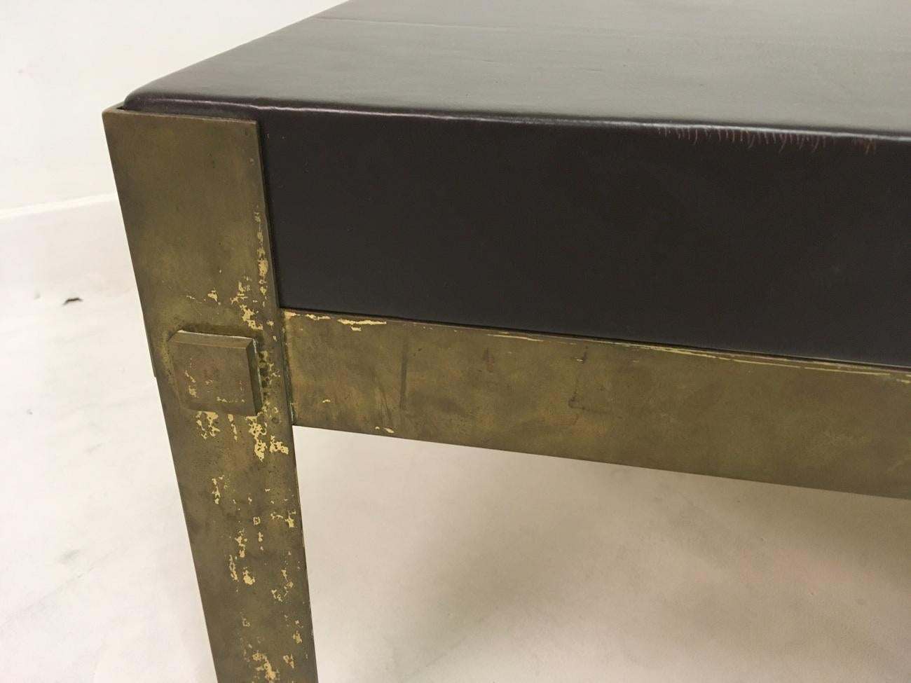 Vintage 1970s French Patinated Brass and Leather Coffee Table 4