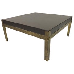 Vintage 1970s French Patinated Brass and Leather Coffee Table