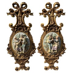 Vintage 1970s French Provincial Style Wooden With Ceramic Wall Plaques a Pair