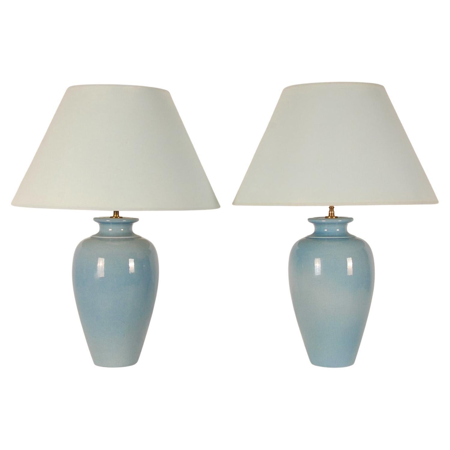 Vintage 1970s French Robert Kostka Chinoiserie Baby Blue Ceramic Table Lamps