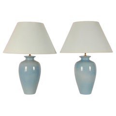 Vintage 1970s French Robert Kostka Chinoiserie Baby Blue Ceramic Table Lamps