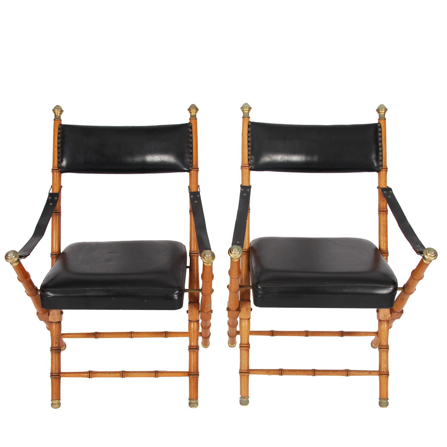 Vintage 1970s French Set of Four Leather & Faux Bamboo Folding Chairs In Good Condition In London, GB