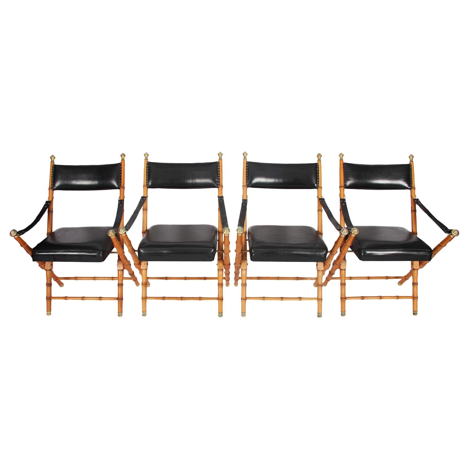 Vintage 1970s French Set of Four Leather & Faux Bamboo Folding Chairs