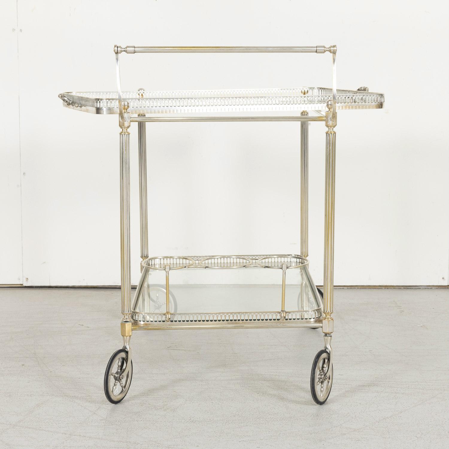 Vintage 1970s French Silver Plated Two-Tier Bar Cart or Serving Trolley  3