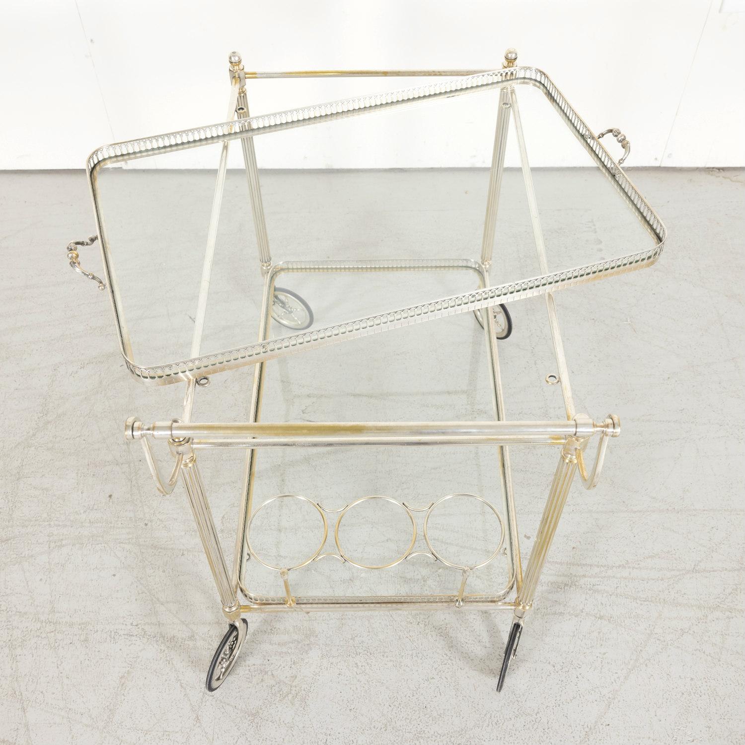 Vintage 1970s French Silver Plated Two-Tier Bar Cart or Serving Trolley  6