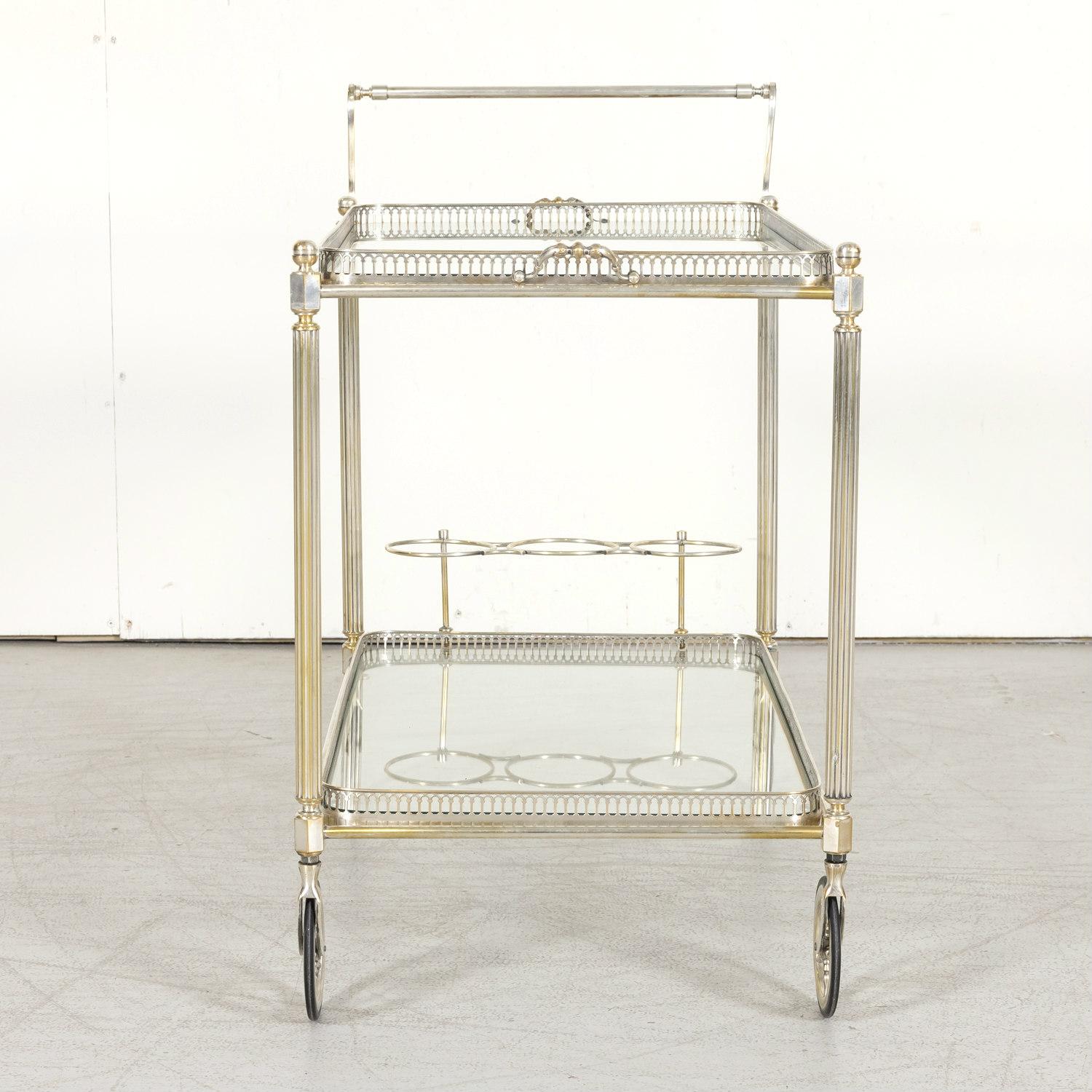 Vintage 1970s French Silver Plated Two-Tier Bar Cart or Serving Trolley  In Good Condition In Birmingham, AL