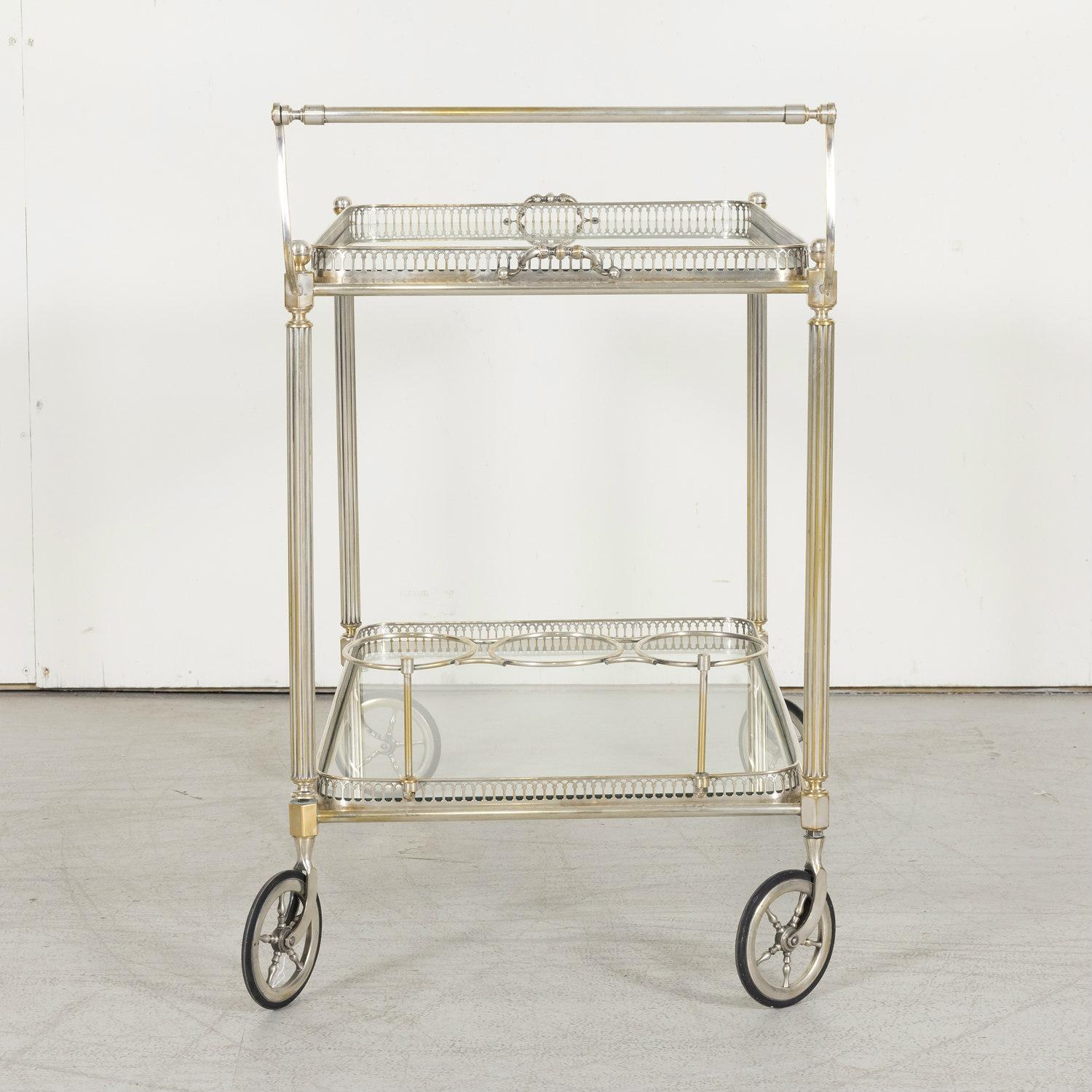 Vintage 1970s French Silver Plated Two-Tier Bar Cart or Serving Trolley 1