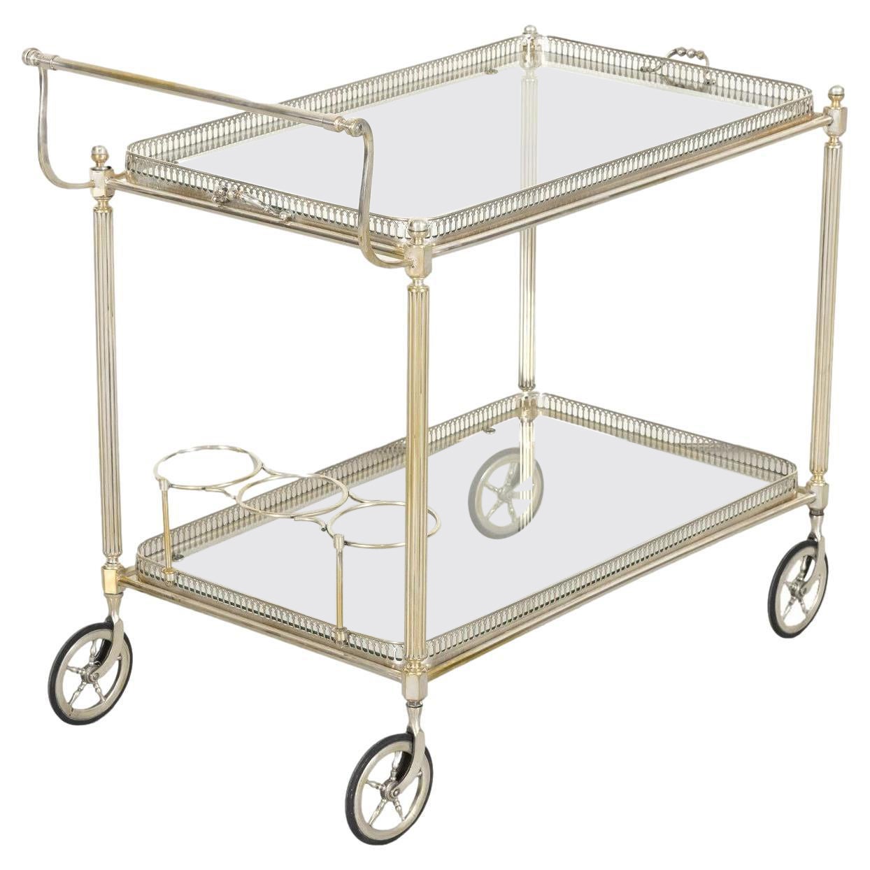 Vintage 1970s French Silver Plated Two-Tier Bar Cart or Serving Trolley