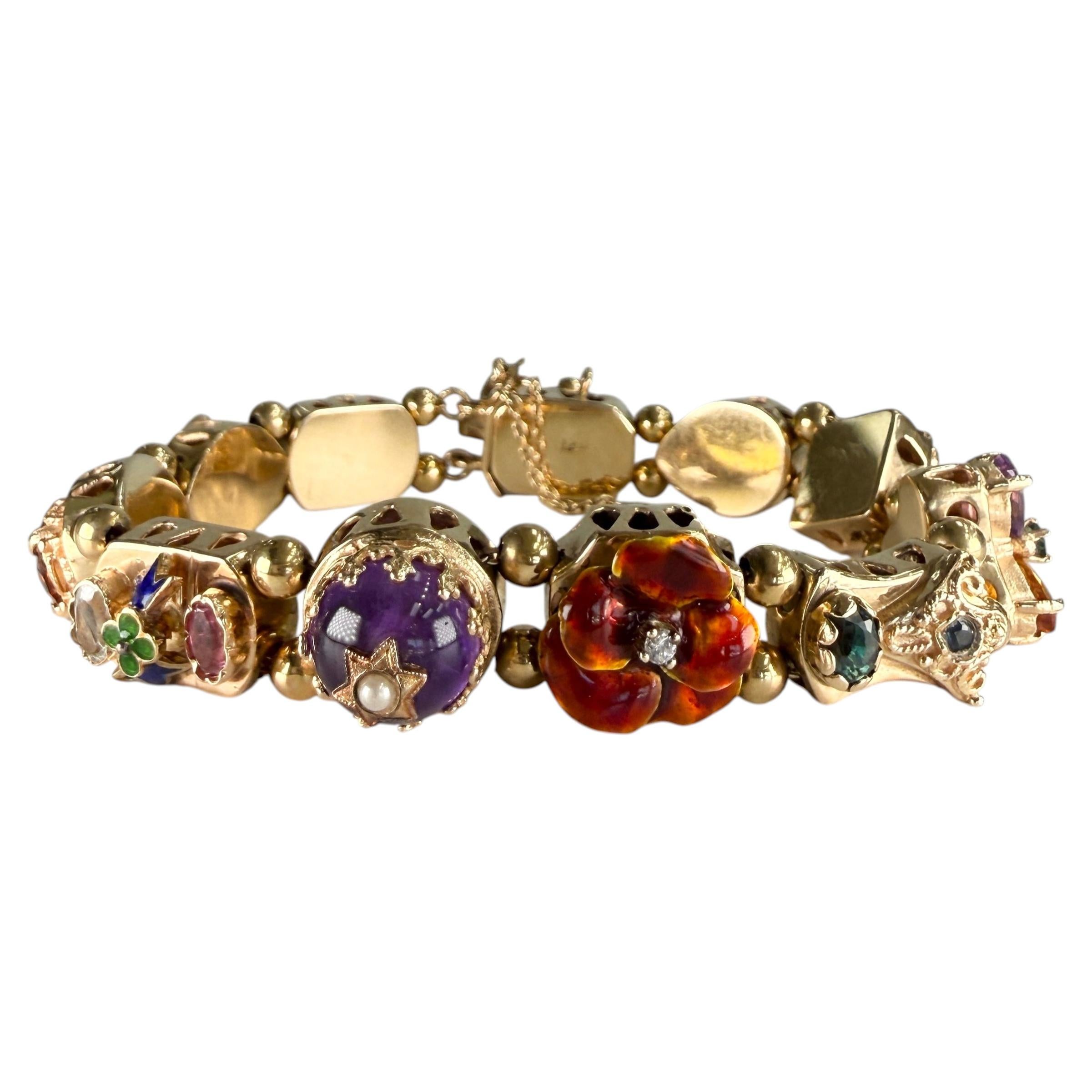 Vintage 1970's Gemstone and Diamond Slide Bracelet 14k Yellow Gold