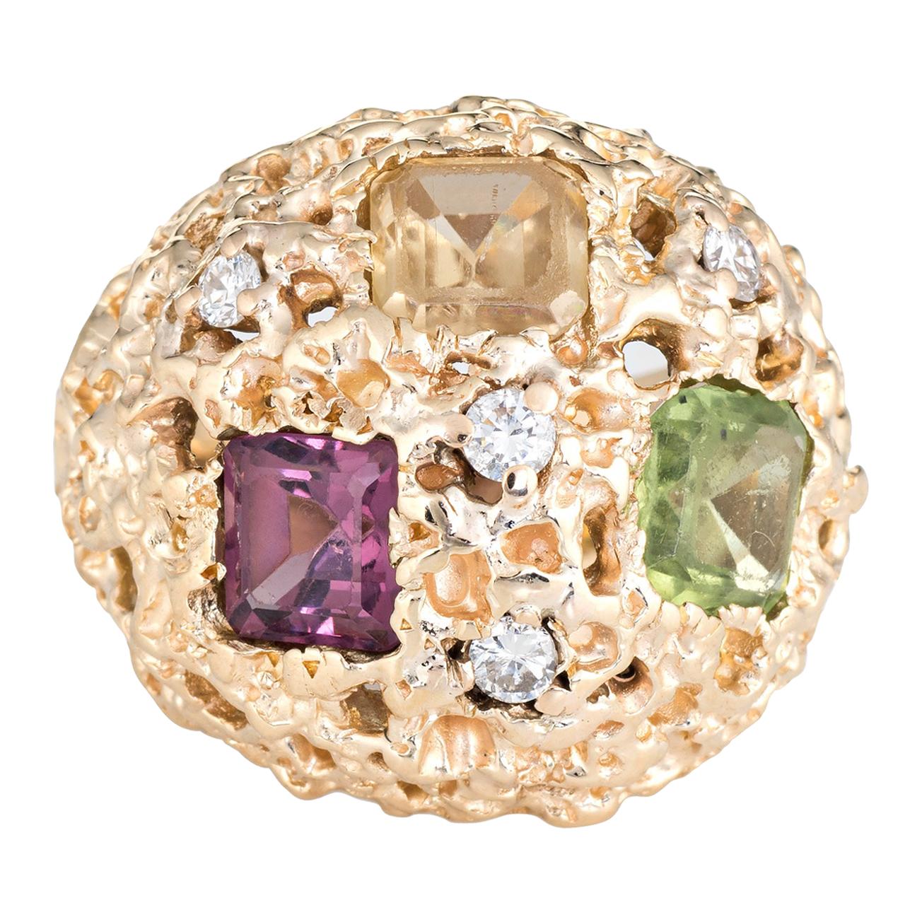 Vintage 1970s Gemstone Dome Ring 14 Karat Gold Bombe Diamond Peridot Tourmaline