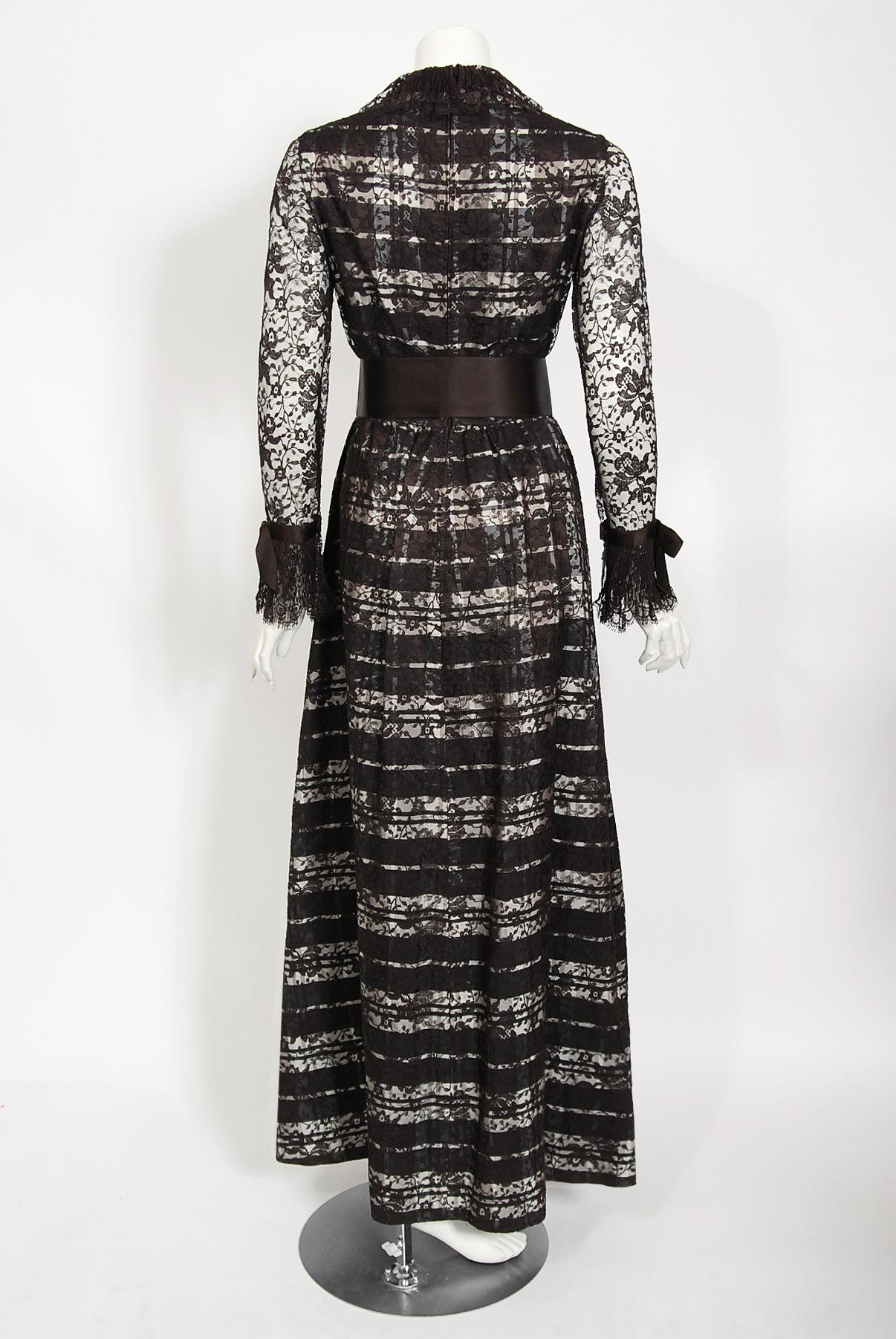 Vintage 1970's Geoffrey Beene Brown Lace Illusion Plaid Taffeta Belted Gown 5