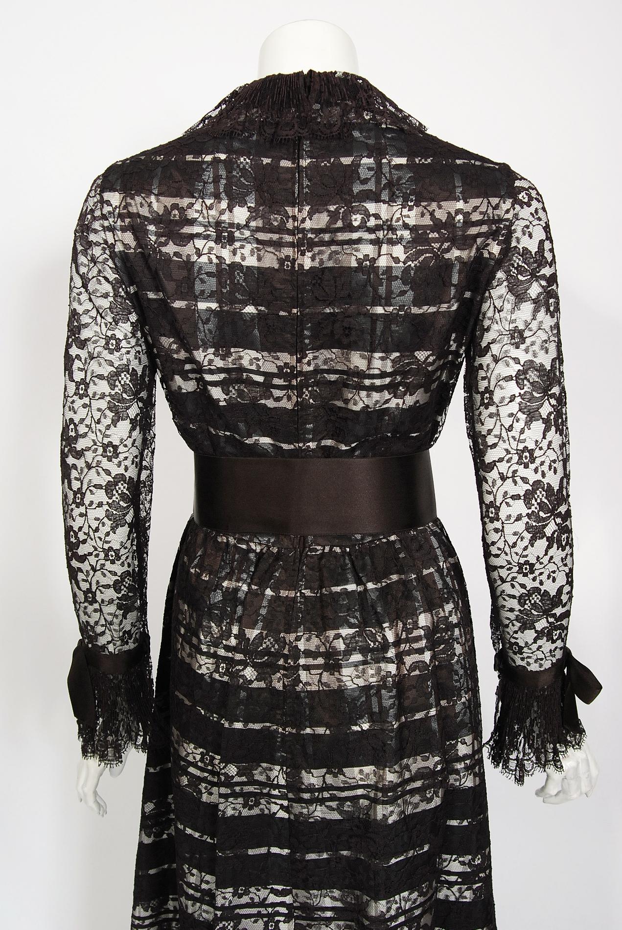 Vintage 1970's Geoffrey Beene Brown Lace Illusion Plaid Taffeta Belted Gown 6