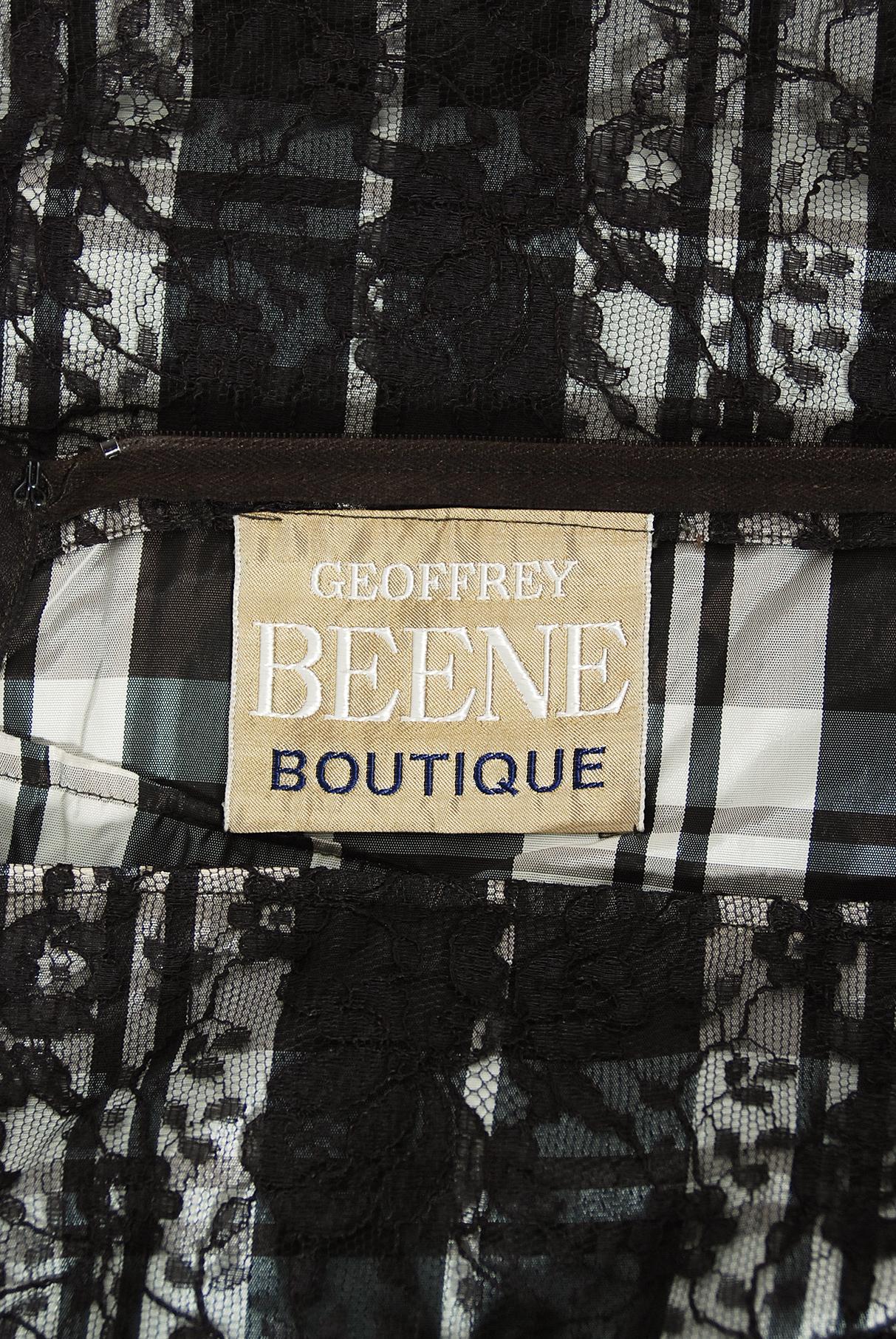Vintage 1970's Geoffrey Beene Brown Lace Illusion Plaid Taffeta Belted Gown 7