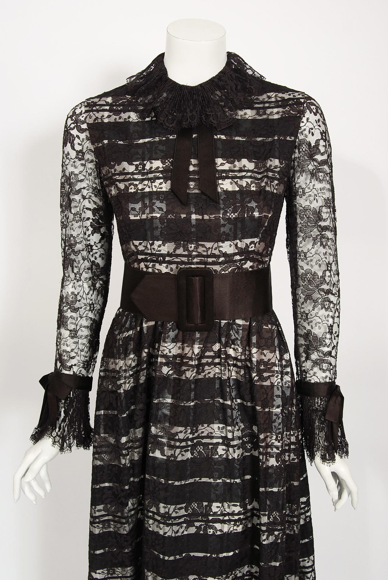 An eye-catching and insanely chic Geoffrey Beene designer lace illusion taffeta gown dating back to the early 1970's. Geoffrey Beene made strong impressions with his courteous manner as well as his highly original style. His clothes were structured