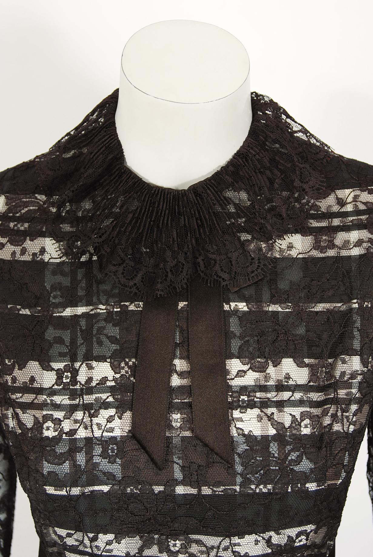 Black Vintage 1970's Geoffrey Beene Brown Lace Illusion Plaid Taffeta Belted Gown