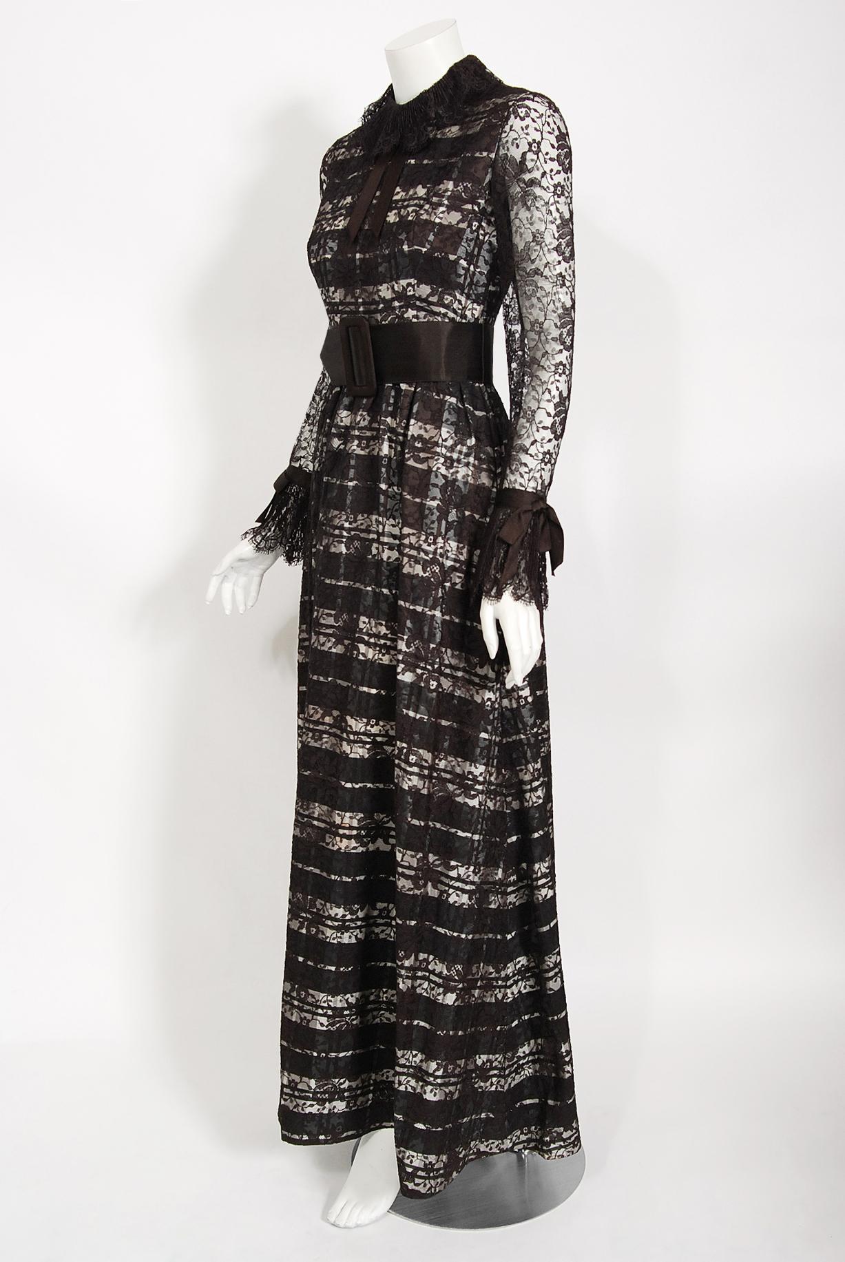 Vintage 1970's Geoffrey Beene Brown Lace Illusion Plaid Taffeta Belted Gown In Good Condition In Beverly Hills, CA