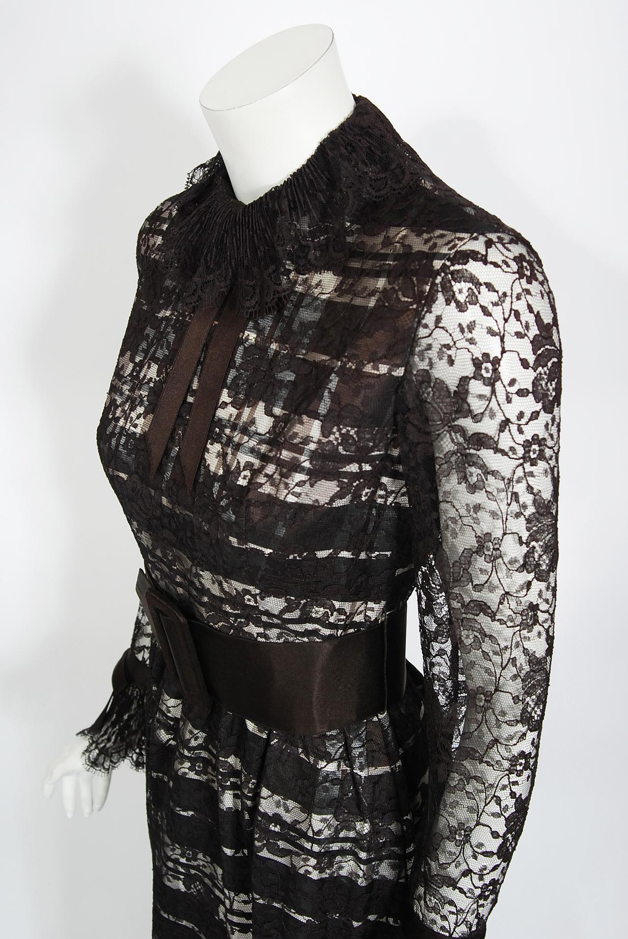Women's Vintage 1970's Geoffrey Beene Brown Lace Illusion Plaid Taffeta Belted Gown