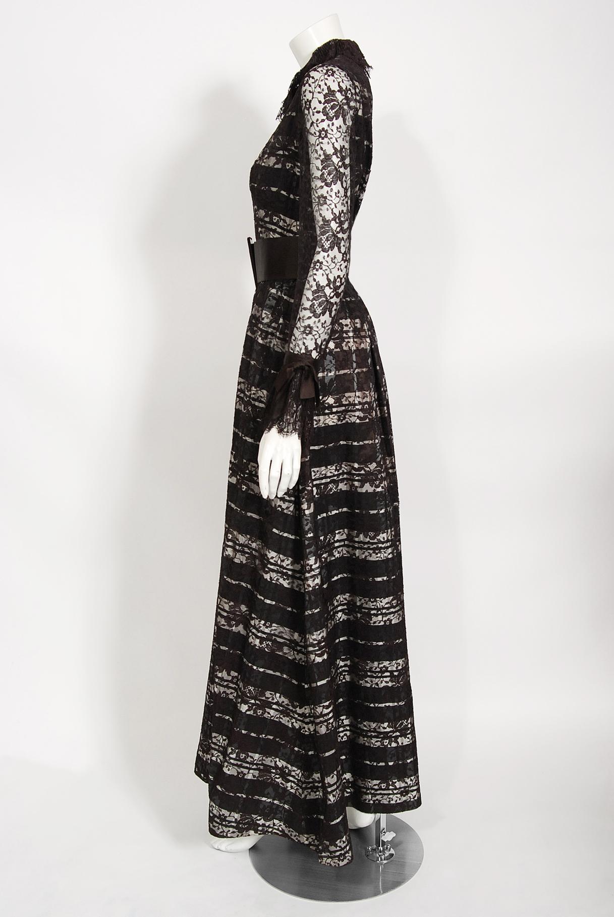 Vintage 1970's Geoffrey Beene Brown Lace Illusion Plaid Taffeta Belted Gown 2