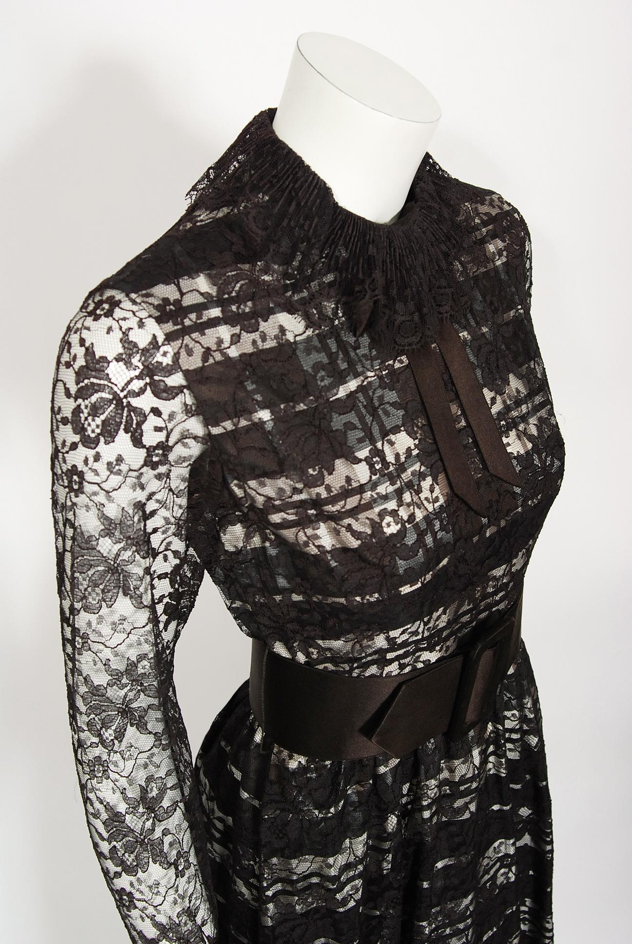 Vintage 1970's Geoffrey Beene Brown Lace Illusion Plaid Taffeta Belted Gown 4