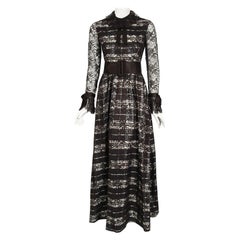 Vintage 1970's Geoffrey Beene Brown Lace Illusion Plaid Taffeta Belted Gown