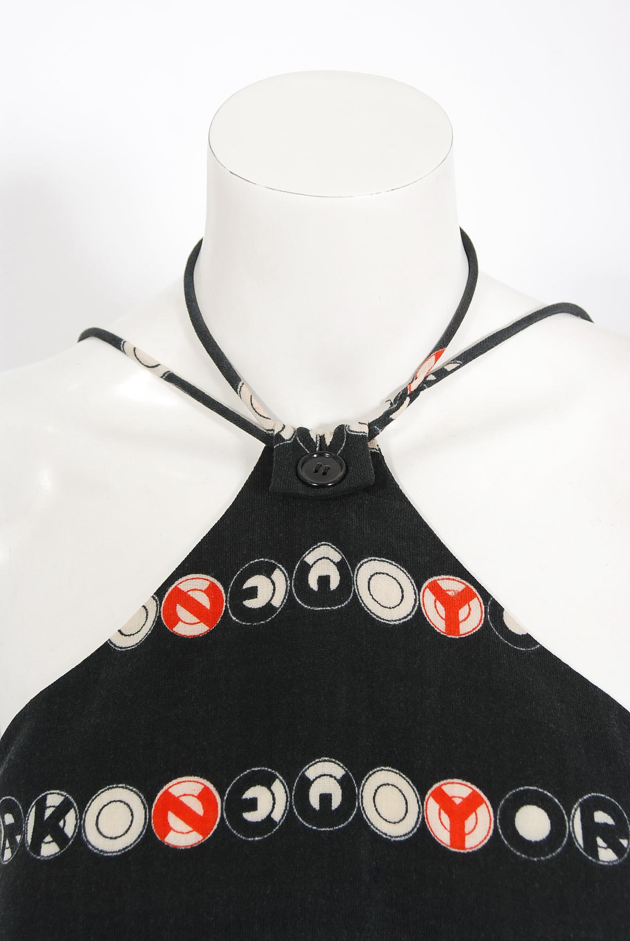 Black Vintage 1970's Geoffrey Beene Novelty 'New York' Print Knit Backless Maxi Dress