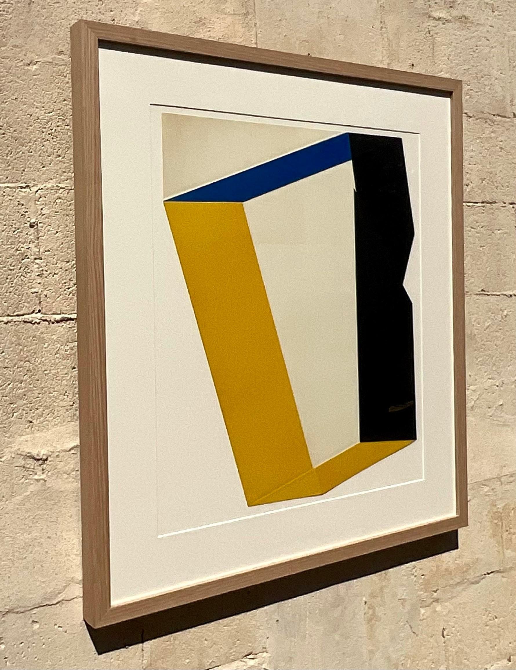 Vintage minimalistic lithograph of an abstract linear object. The geometric created appears 3 dimensional and the a subtle addition of colors makes this vintage piece tasteful and modern. Signed en verso by the artist. Acquired from a Palm Beach