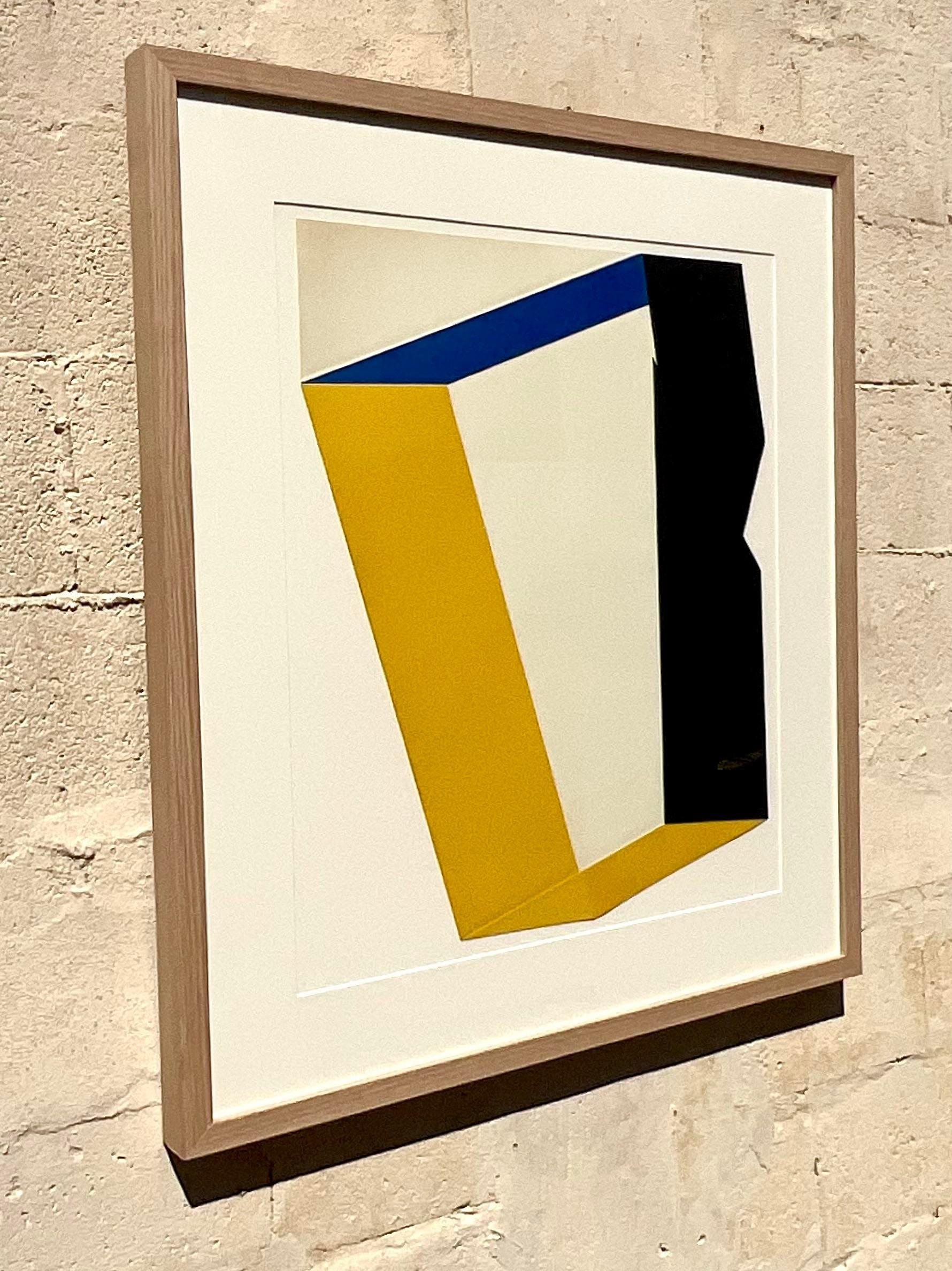 Vintage 1970s Geometric Abstract Colored Lithograph In Good Condition For Sale In west palm beach, FL