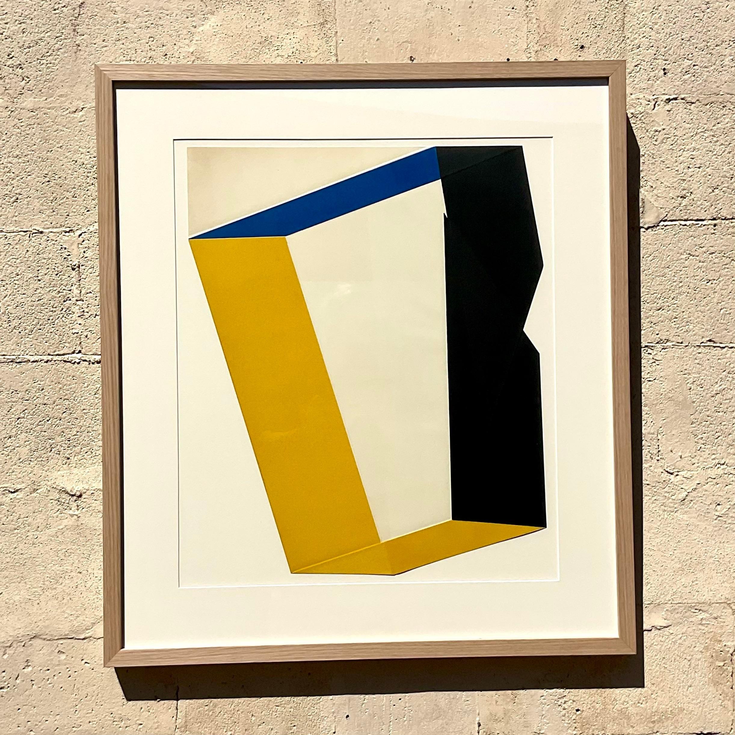 Glass Vintage 1970s Geometric Abstract Colored Lithograph For Sale