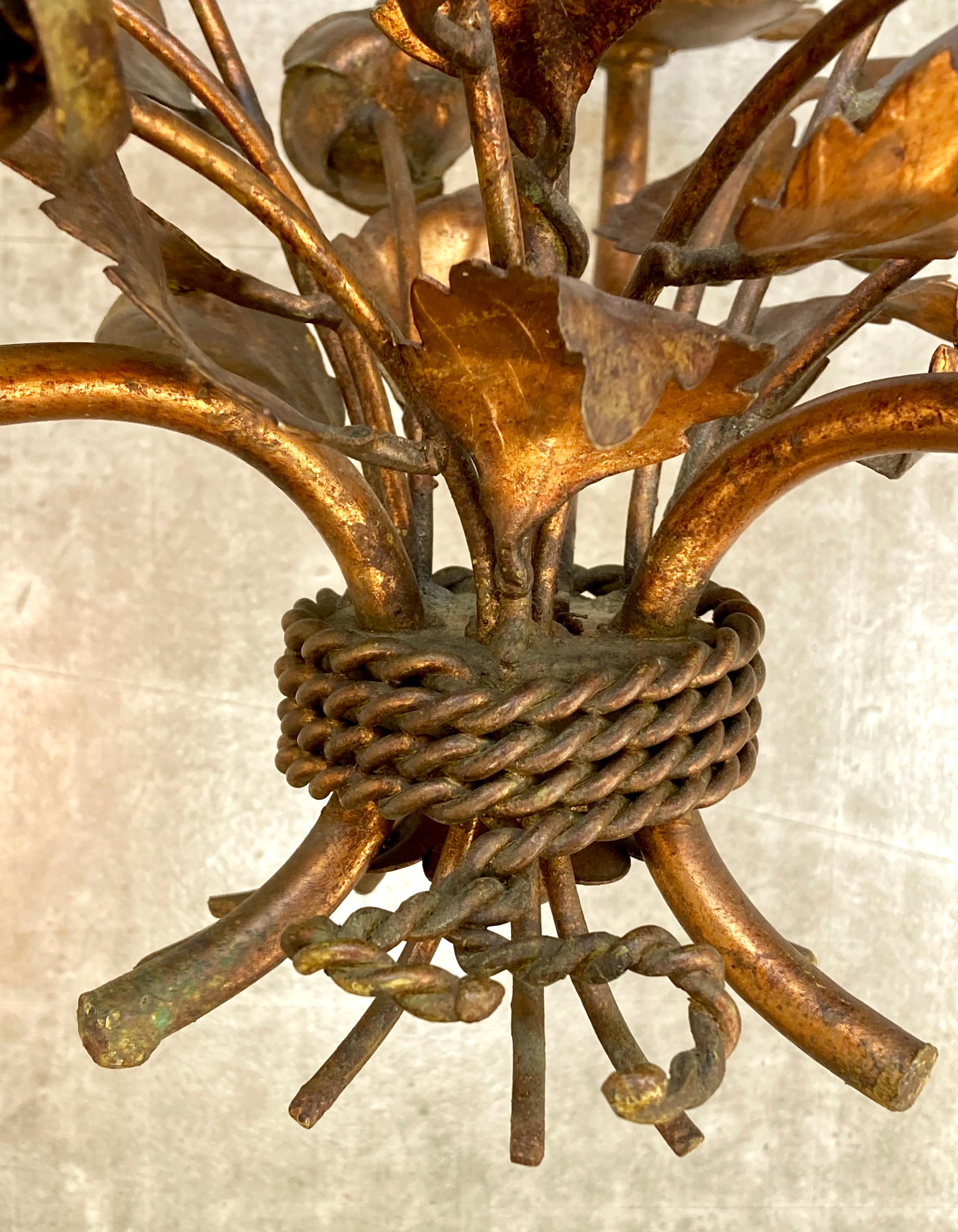 Metalwork Vintage 1970s German Floral Chandelier by Hans Kögl with 3 Arms & Bronze Finish For Sale