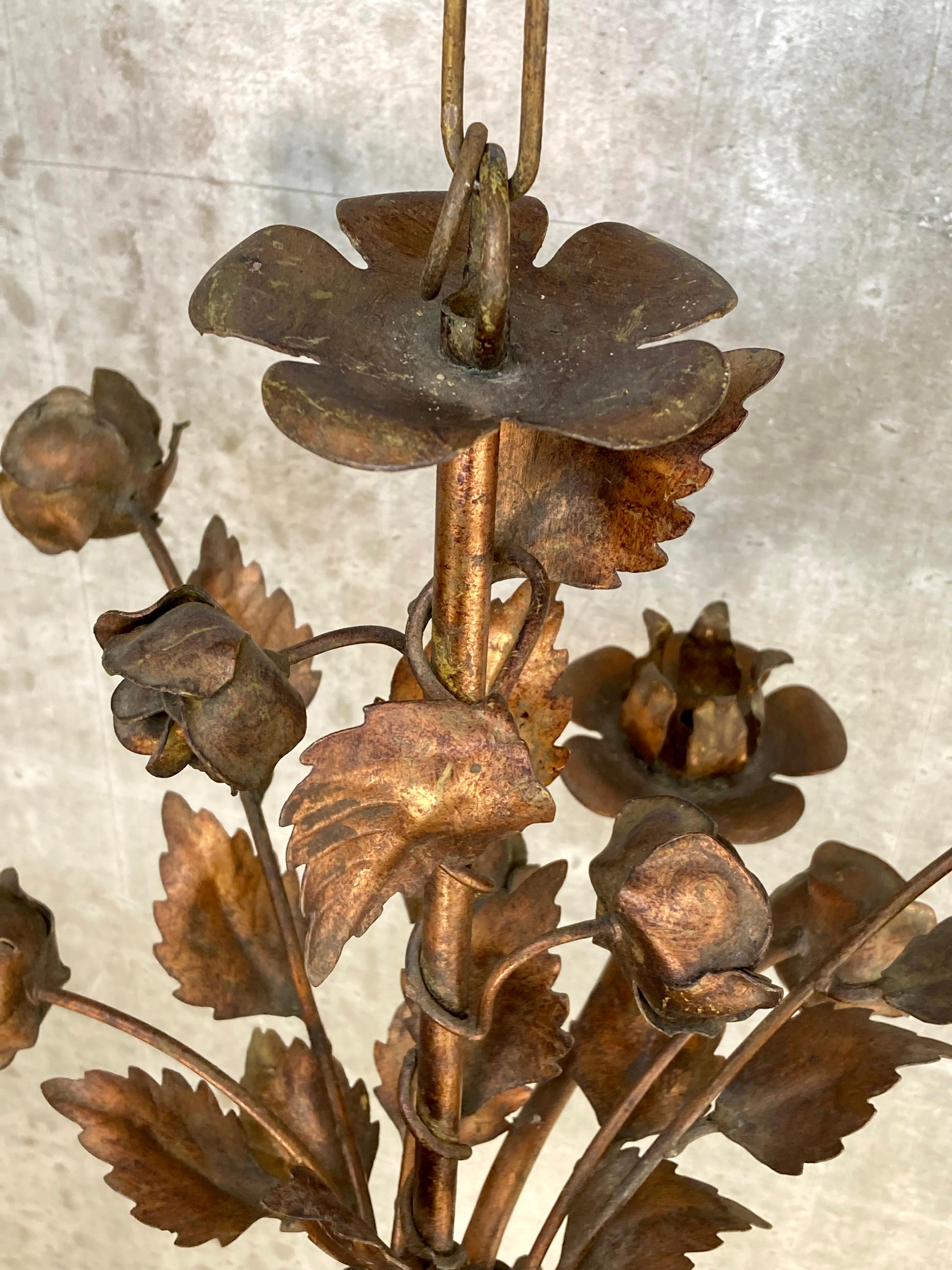 20th Century Vintage 1970s German Floral Chandelier by Hans Kögl with 3 Arms & Bronze Finish For Sale