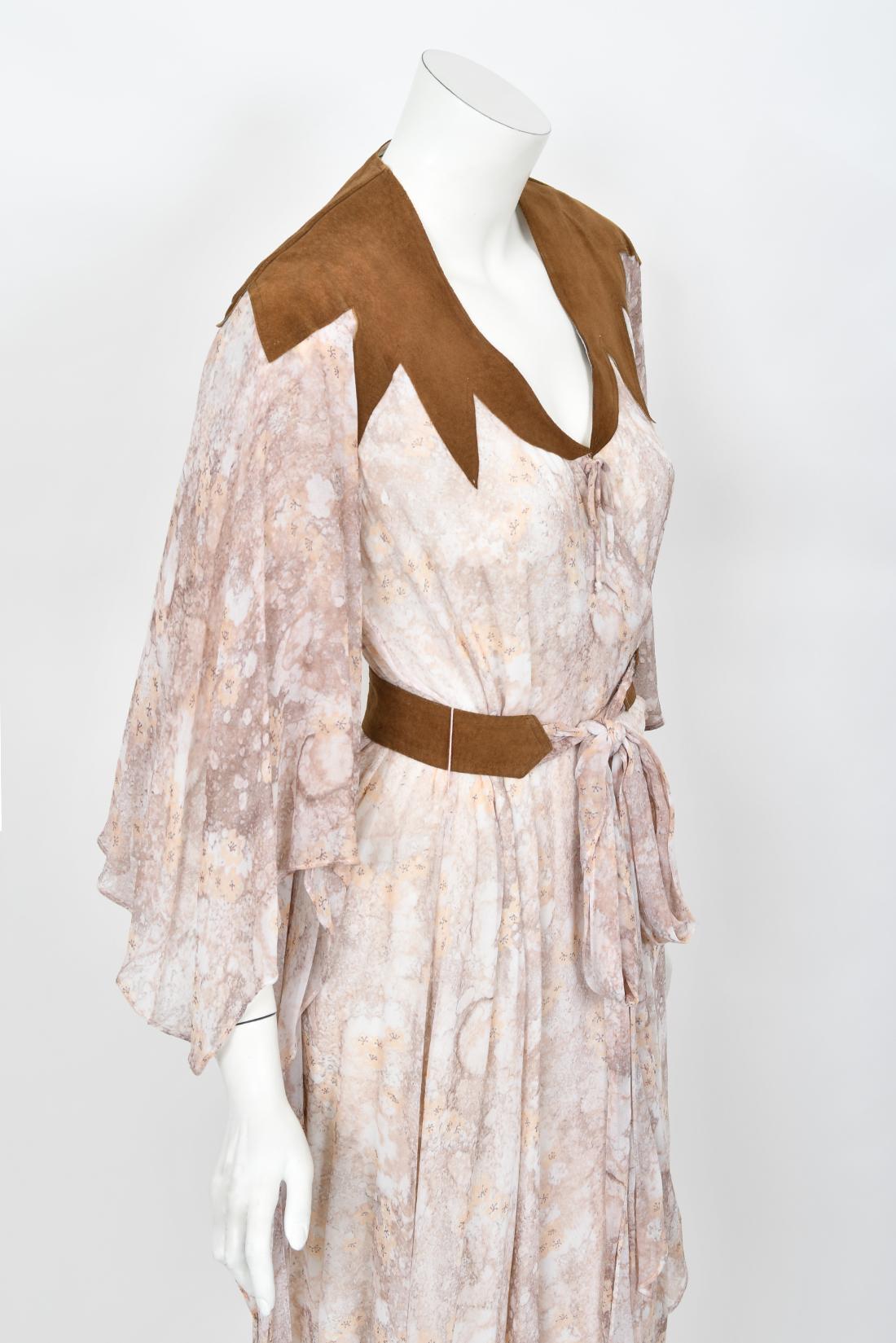 Vintage 1970s Giorgio Sant' Angelo Watercolor Chiffon & Suede Angel-Sleeve Dress For Sale 3