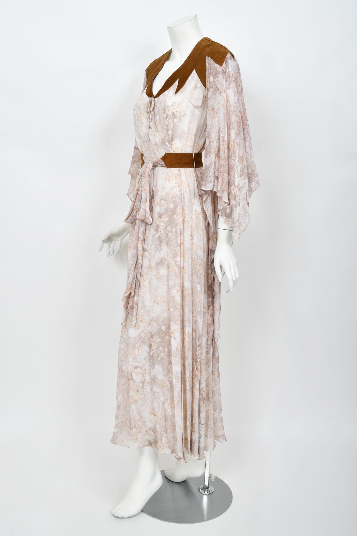 Vintage 1970s Giorgio Sant' Angelo Watercolor Chiffon & Suede Angel-Sleeve Dress For Sale 6