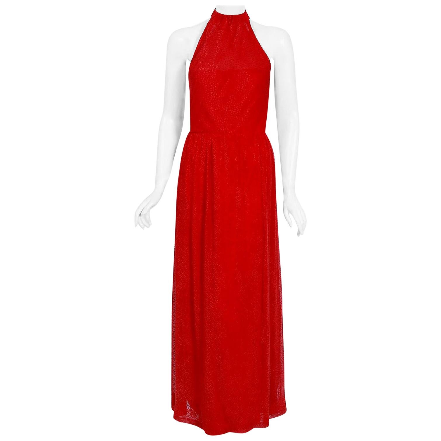 Vintage 1970's Givenchy Red Flecked Silk Draped Criss-Cross Halter Maxi Dress