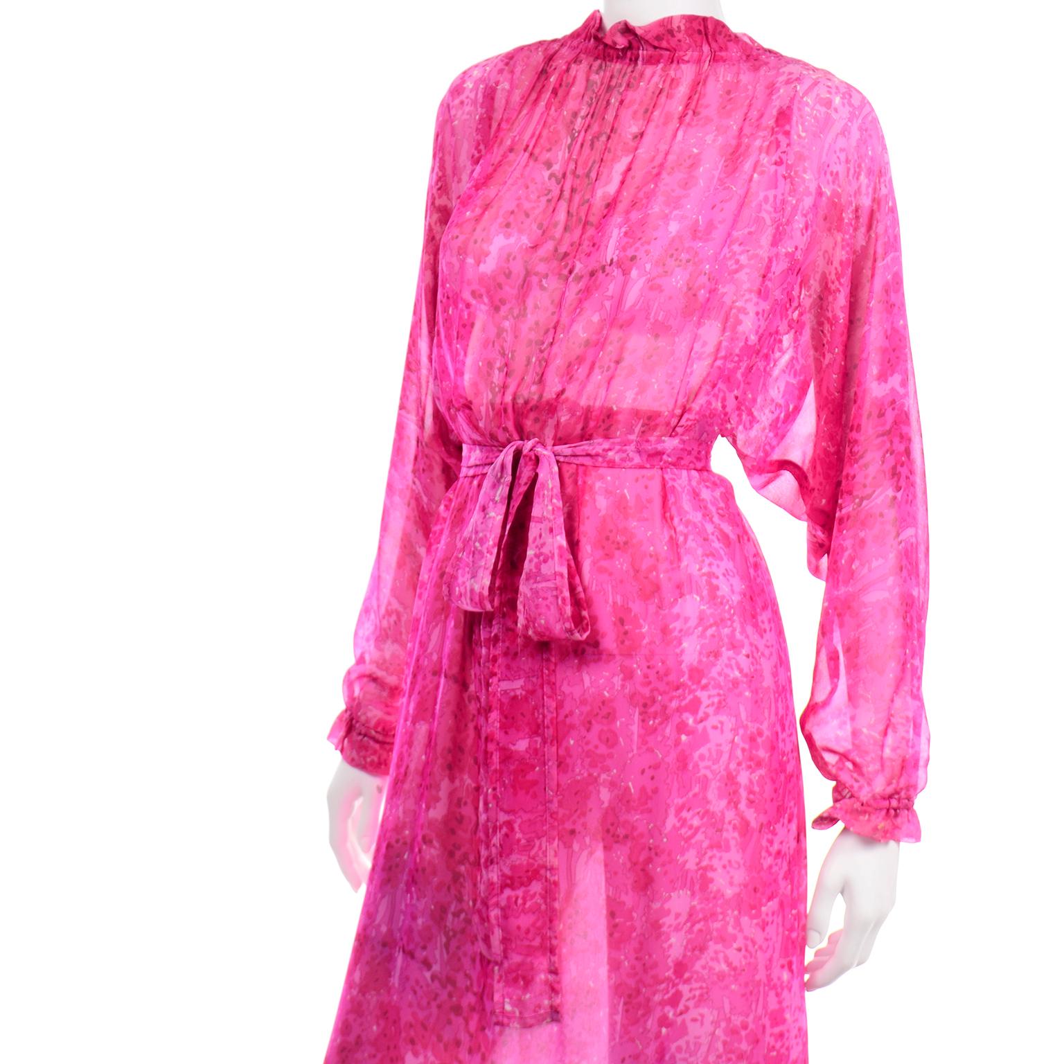 Vintage 1970s Givenchy Sheer Pink Print Silk Chiffon Evening Dress w Low Back 6