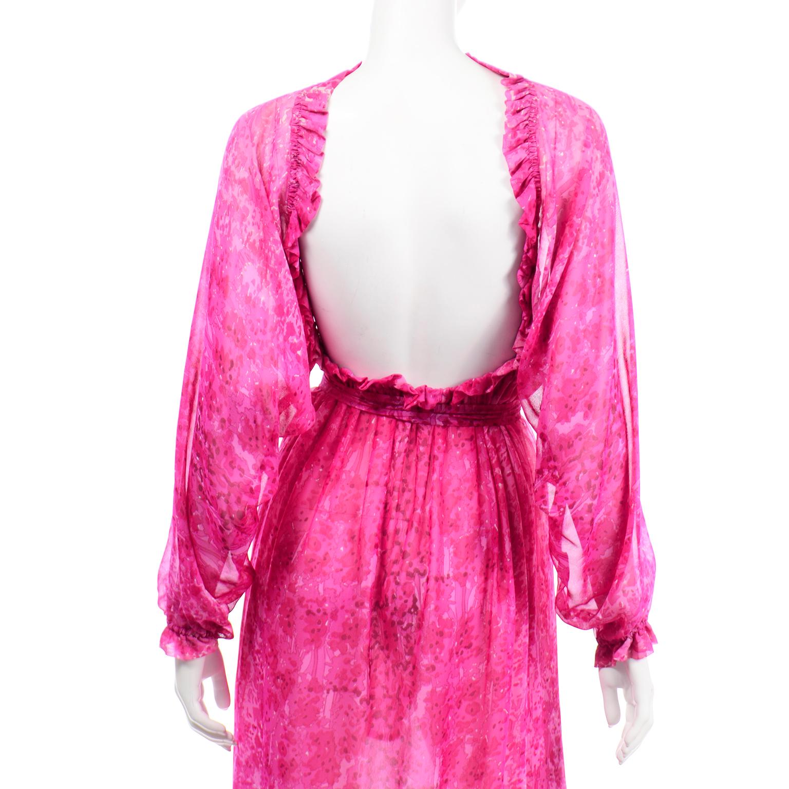 Vintage 1970s Givenchy Sheer Pink Print Silk Chiffon Evening Dress w Low Back 8