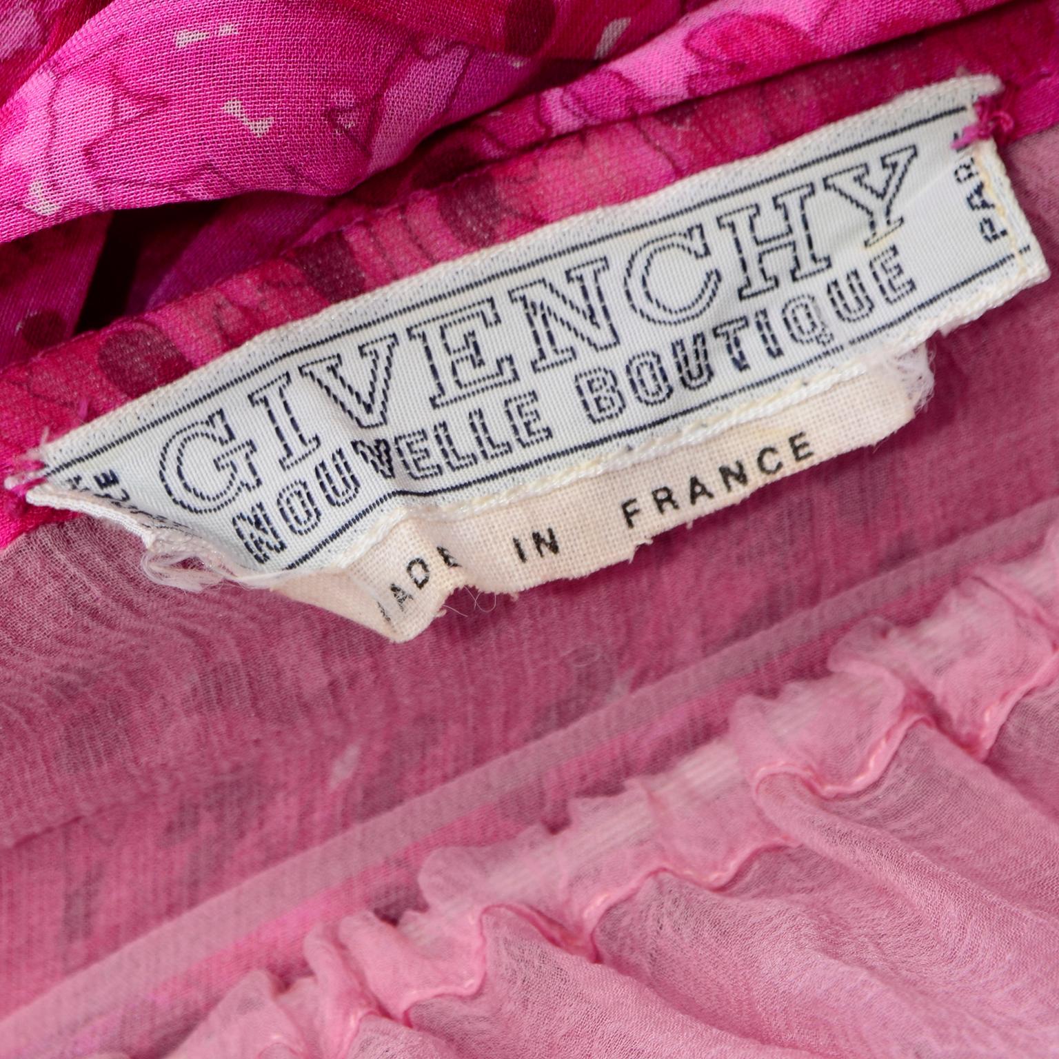 Vintage 1970s Givenchy Sheer Pink Print Silk Chiffon Evening Dress w Low Back 10