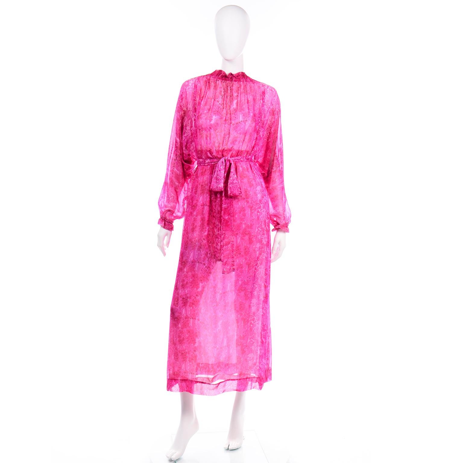 Vintage 1970s Givenchy Sheer Pink Print Silk Chiffon Evening Dress w Low Back In Excellent Condition In Portland, OR