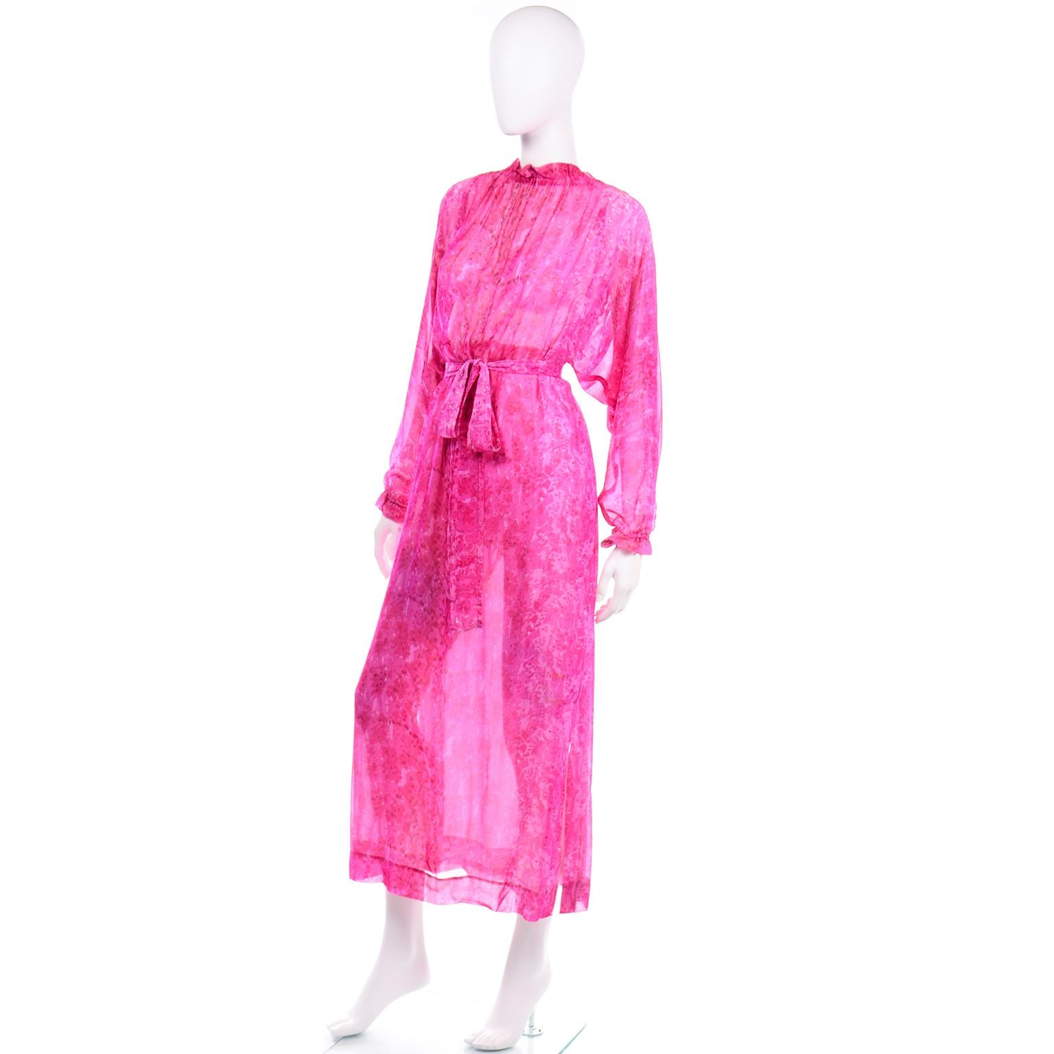 Women's Vintage 1970s Givenchy Sheer Pink Print Silk Chiffon Evening Dress w Low Back