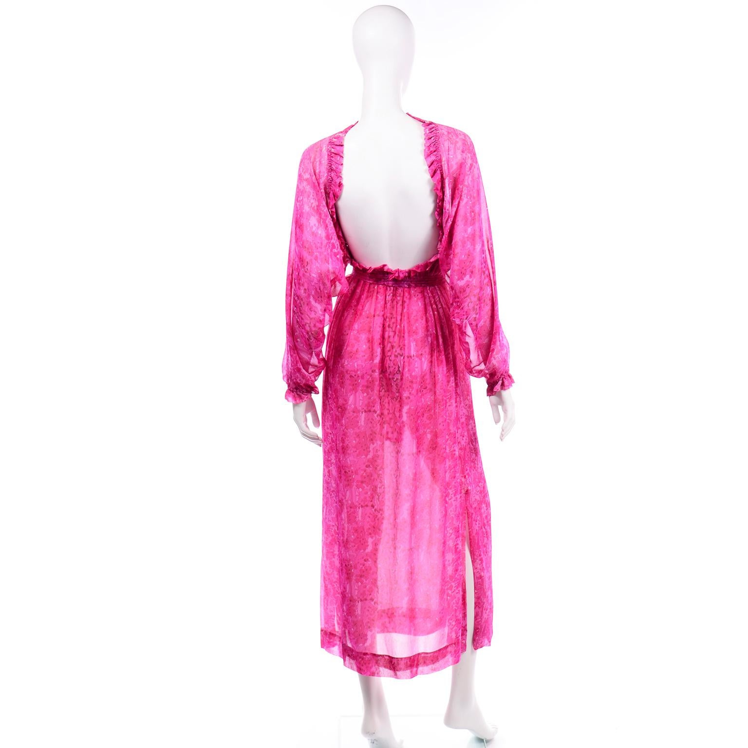 Vintage 1970s Givenchy Sheer Pink Print Silk Chiffon Evening Dress w Low Back 1
