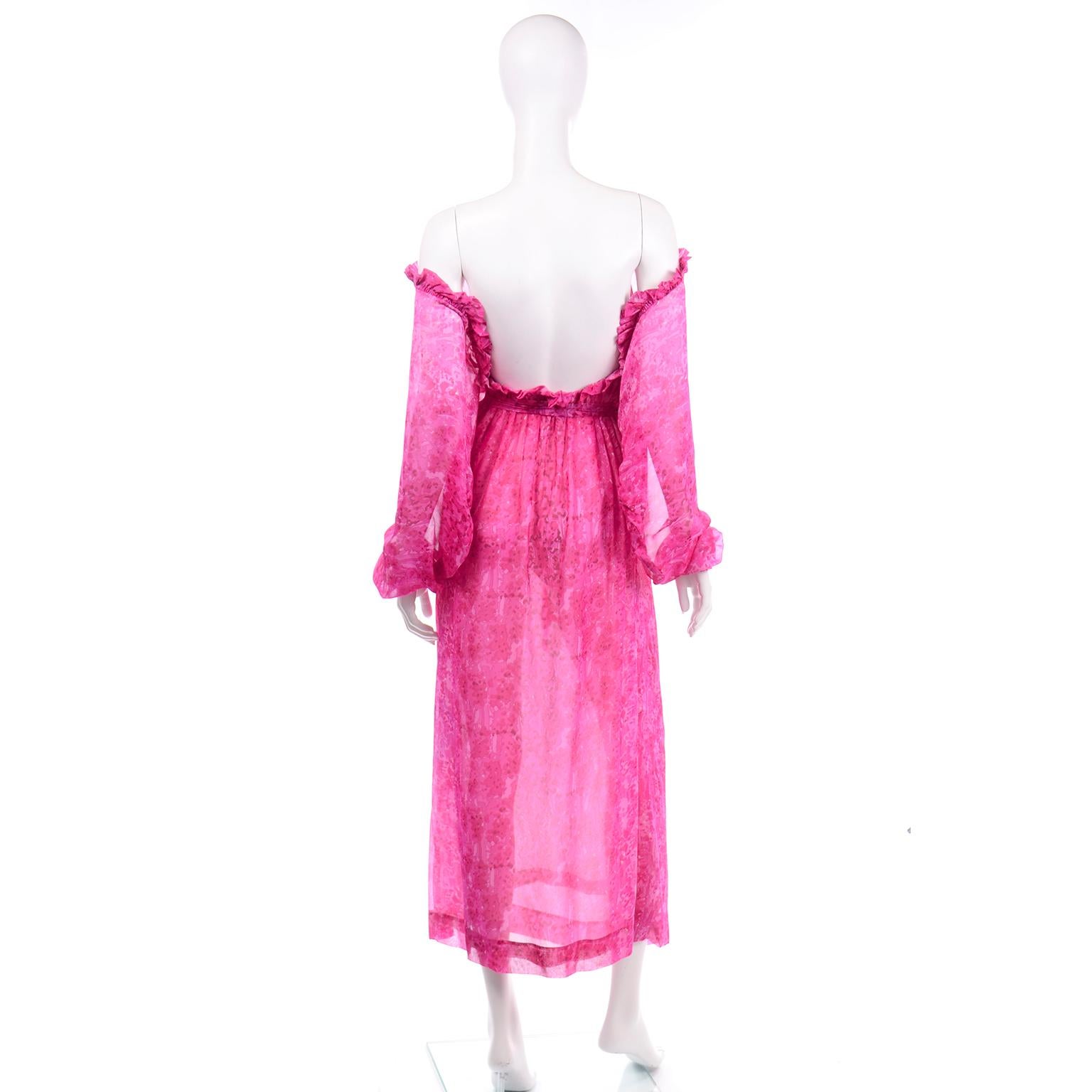 Vintage 1970s Givenchy Sheer Pink Print Silk Chiffon Evening Dress w Low Back 2