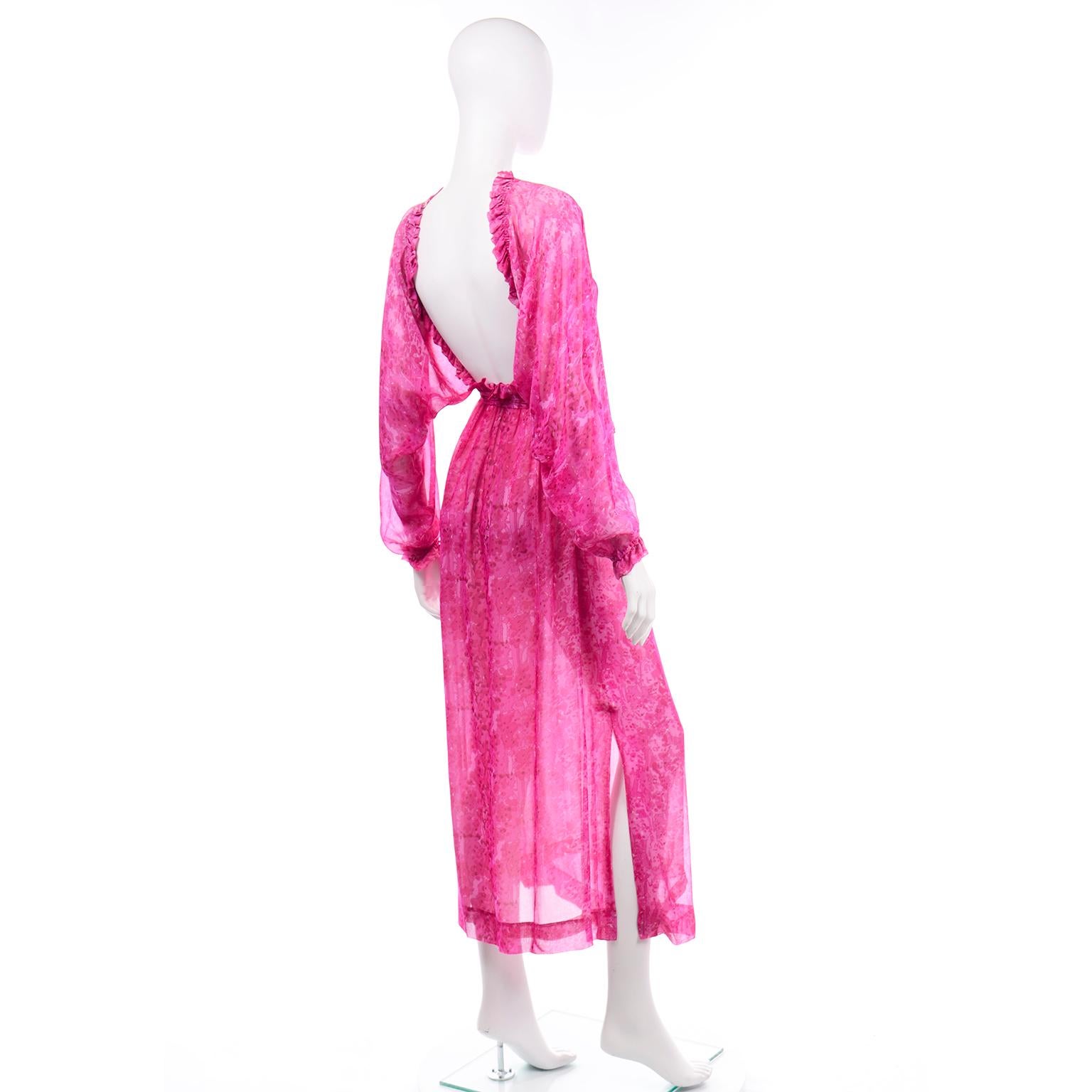 Vintage 1970s Givenchy Sheer Pink Print Silk Chiffon Evening Dress w Low Back 3