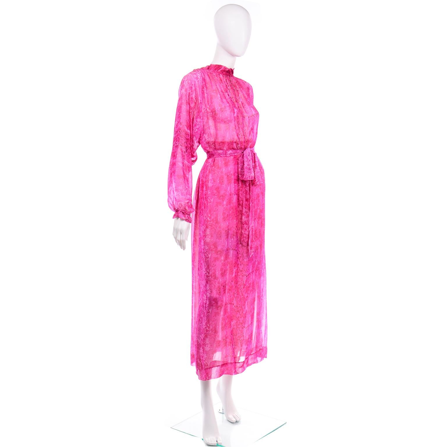 Vintage 1970s Givenchy Sheer Pink Print Silk Chiffon Evening Dress w Low Back 4