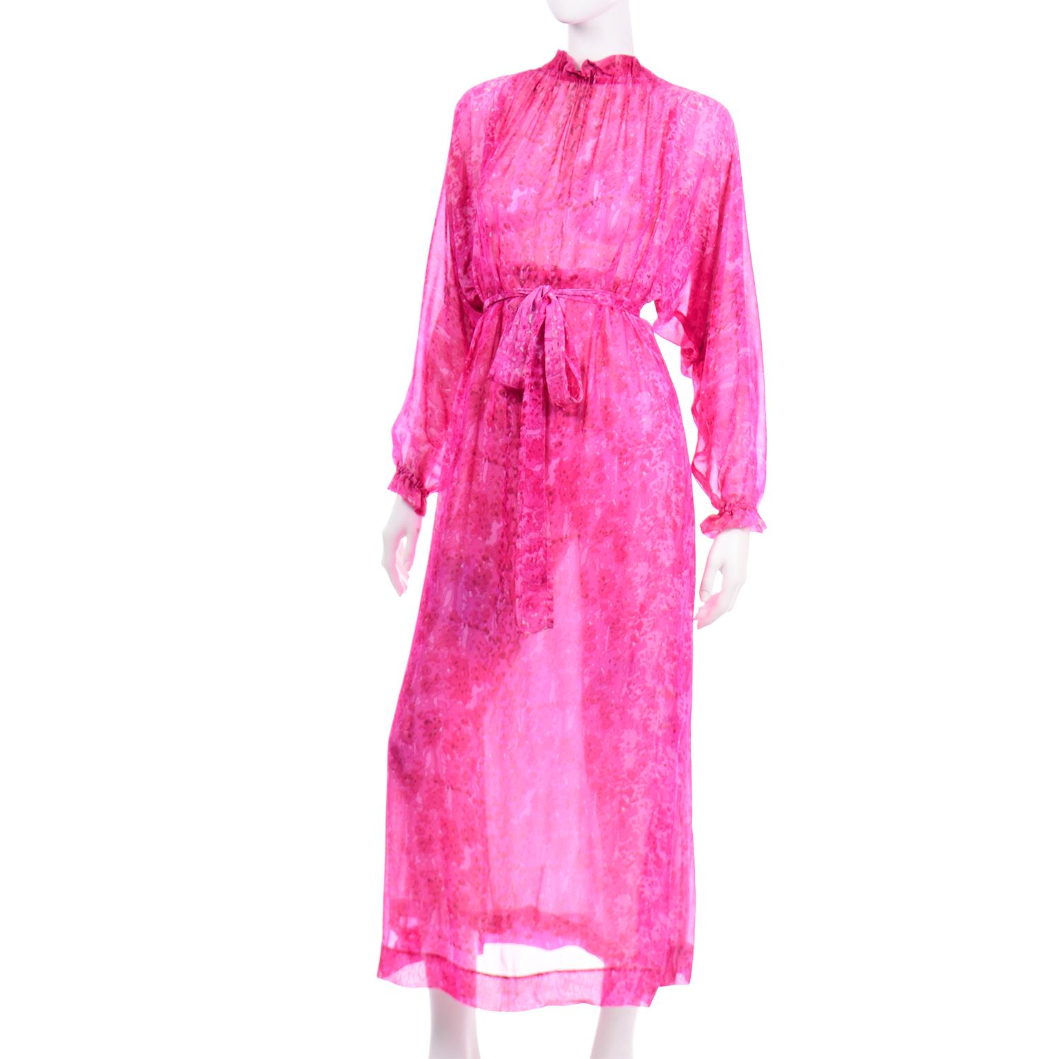 Vintage 1970s Givenchy Sheer Pink Print Silk Chiffon Evening Dress w Low Back 5
