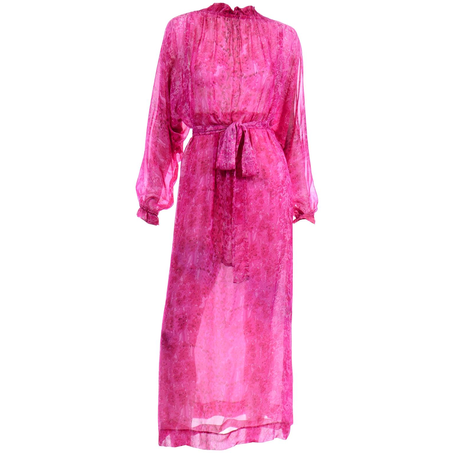 Vintage 1970s Givenchy Sheer Pink Print Silk Chiffon Evening Dress w Low Back