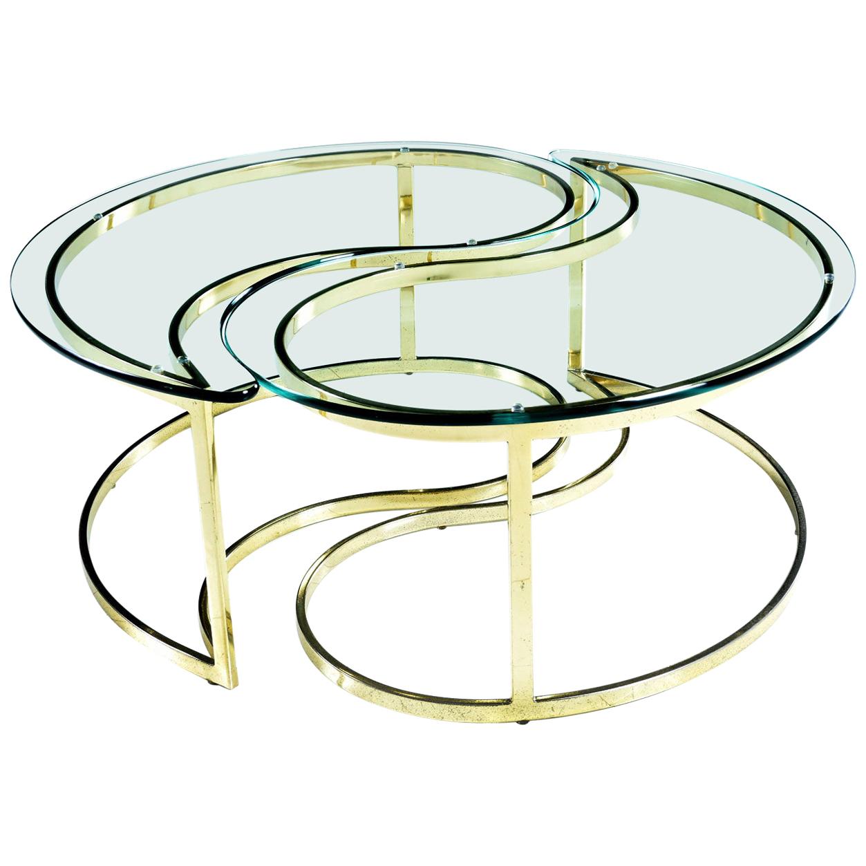 Vintage 1970s Glass and Gold Brass Yin Yang Coffee Table